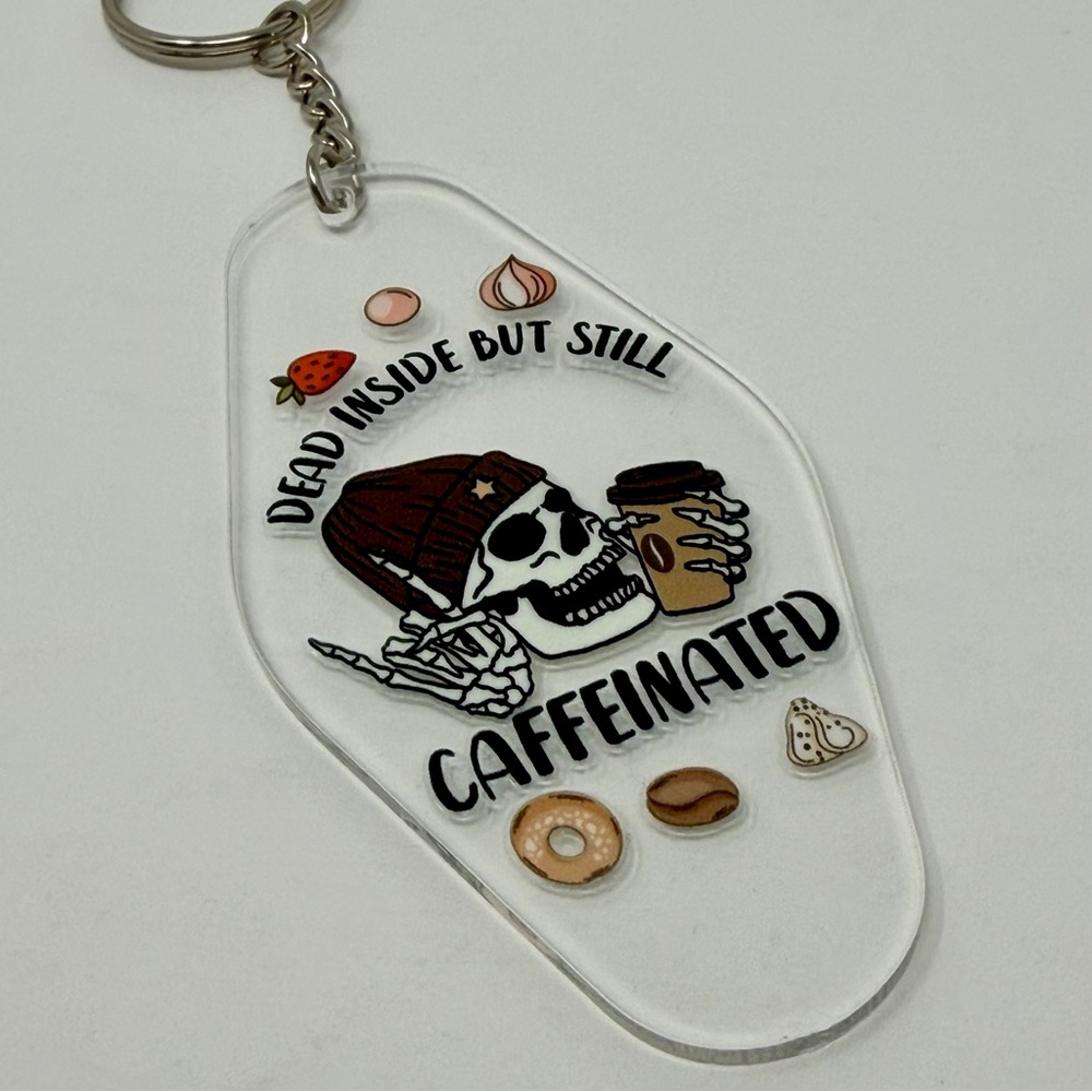 Handmade Skeleton Keychain Dead Inside Caffeinated Acrylic Clear Brown Detachab…
